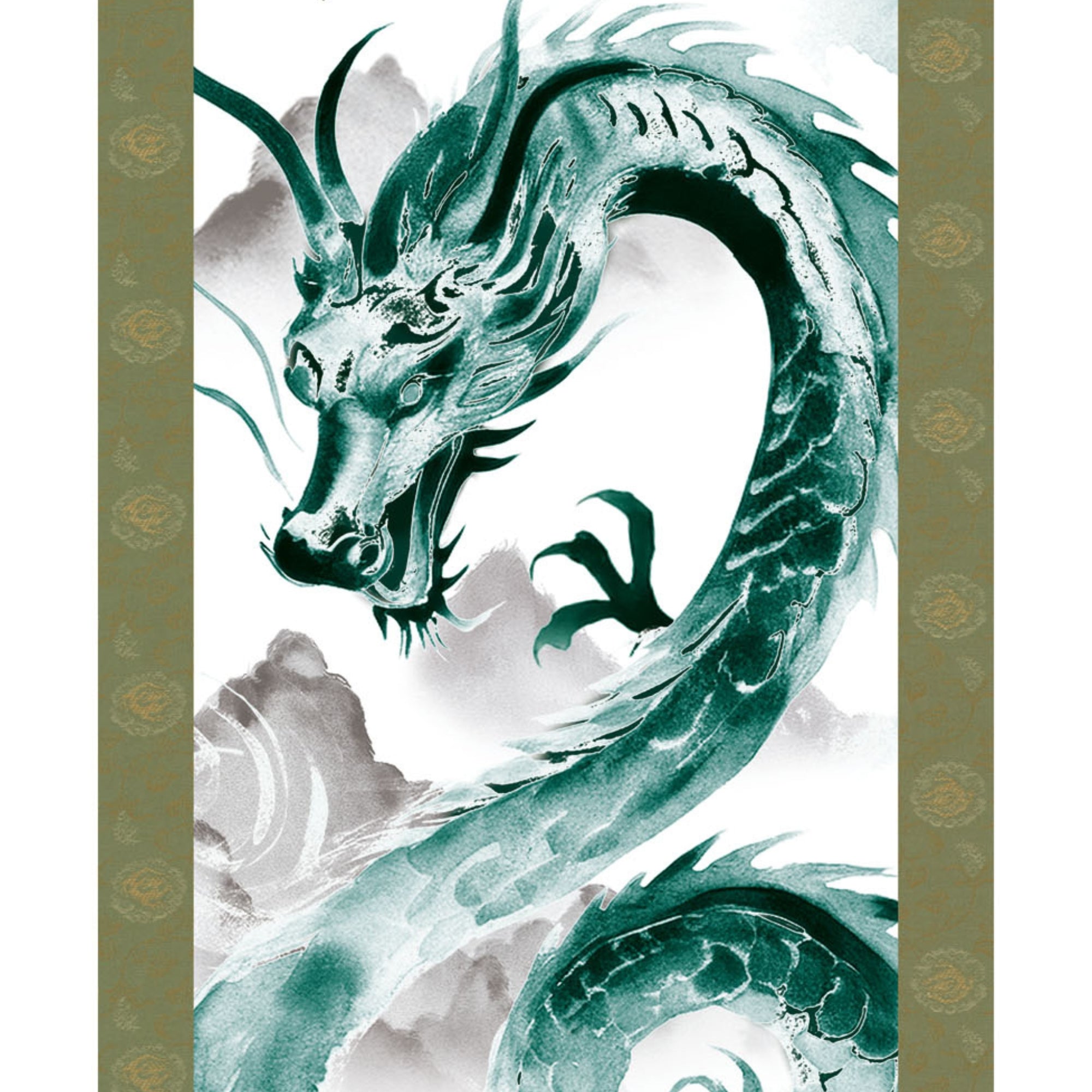 Japanese Dragon Kakemono Wall Scroll – Green Rising Dragon
