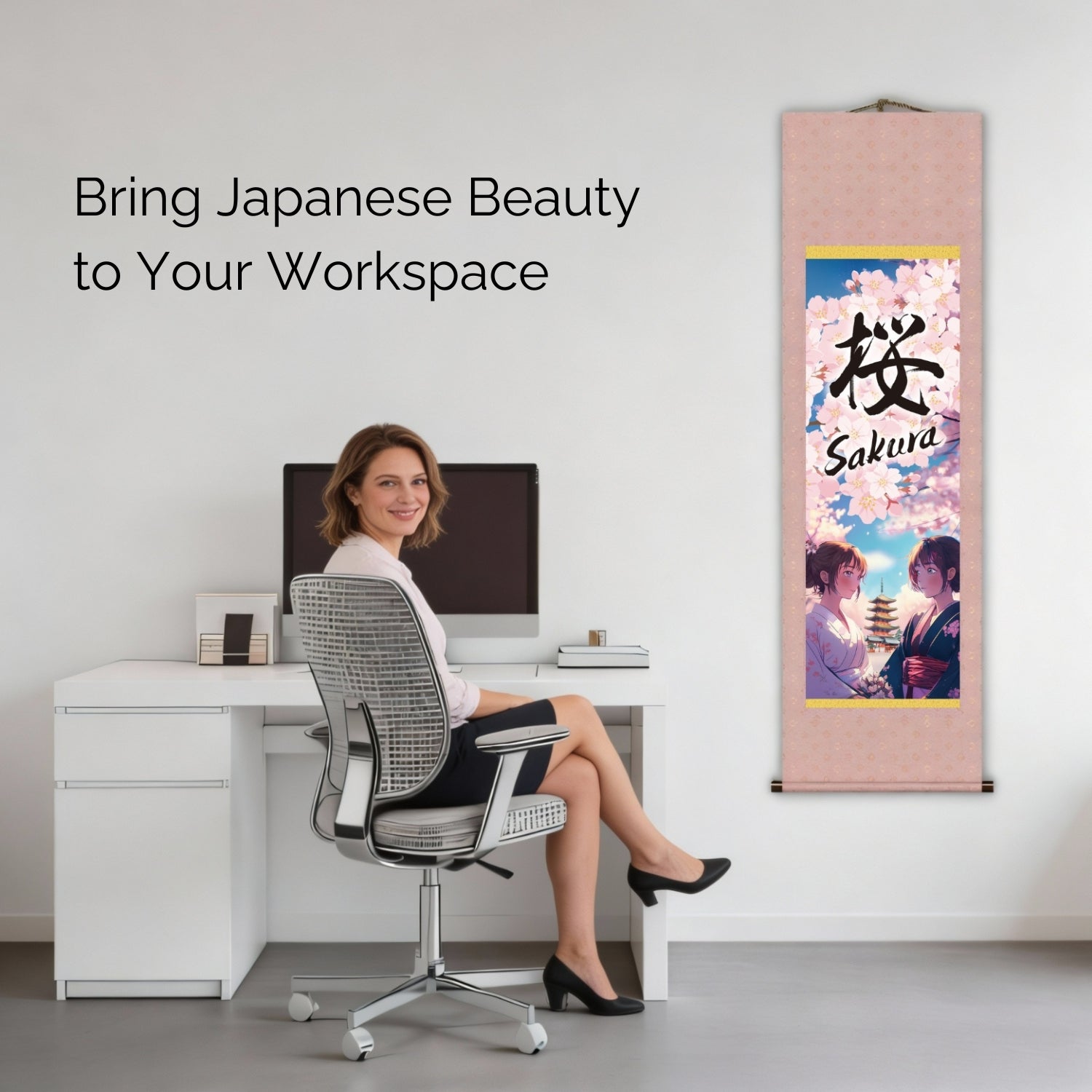 Japanischer Anime Sakura Kakemono Wandrolle – Kimono-Frauen mit Pagode