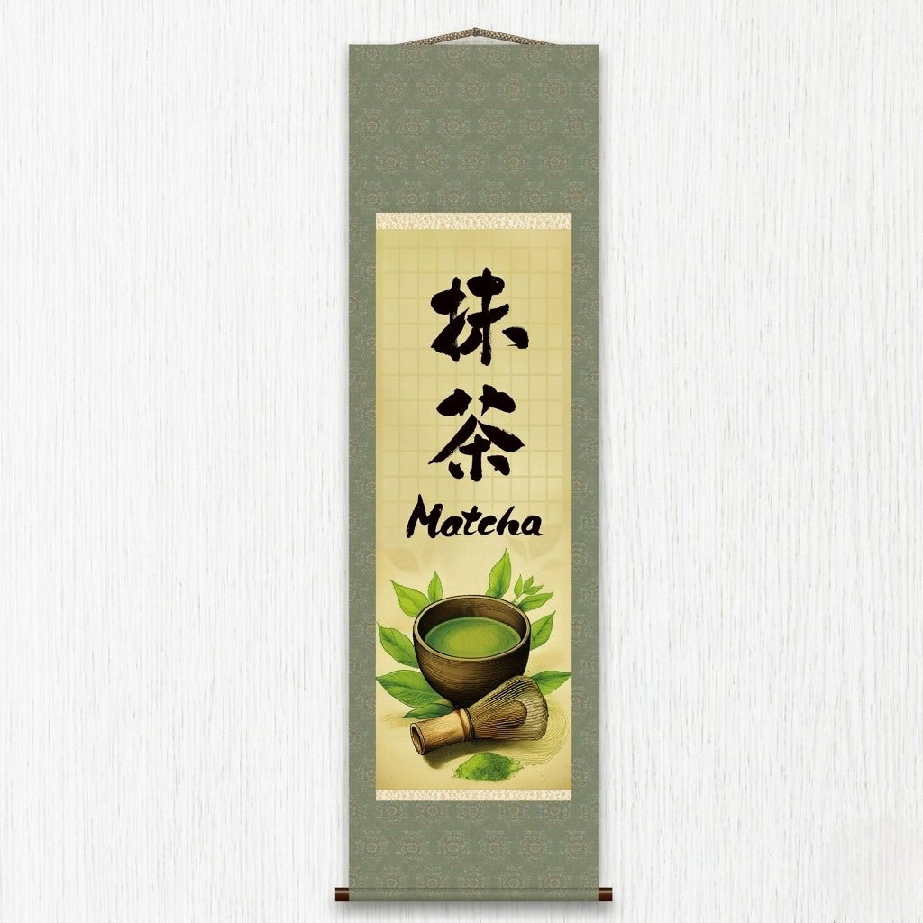 Japanische Matcha Kakemono Wandrolle – Matcha-Besen und Teezeremonie