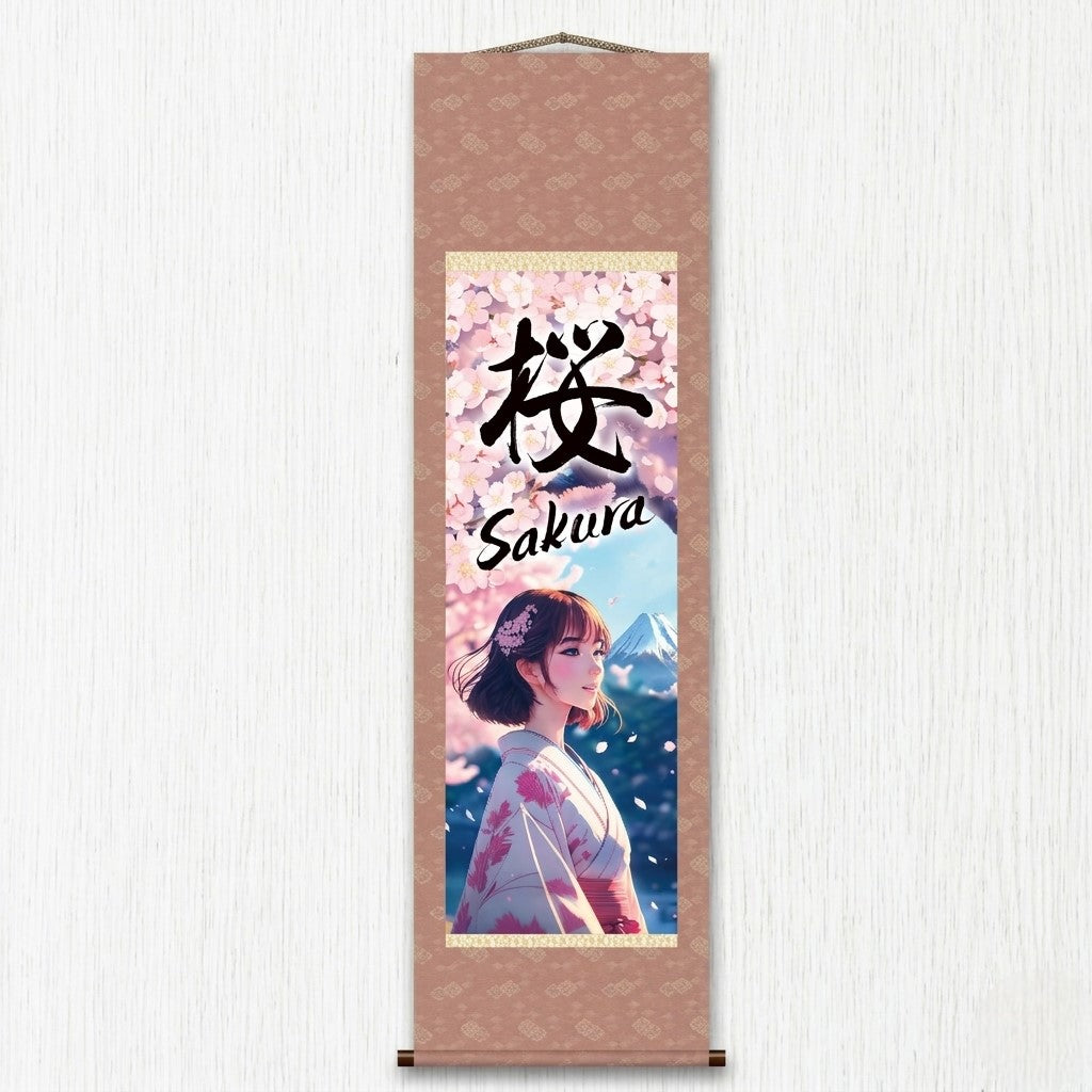 Japanisches Anime Sakura Kakemono Wandbild – Kimono-Frau mit dem Berg Fuji