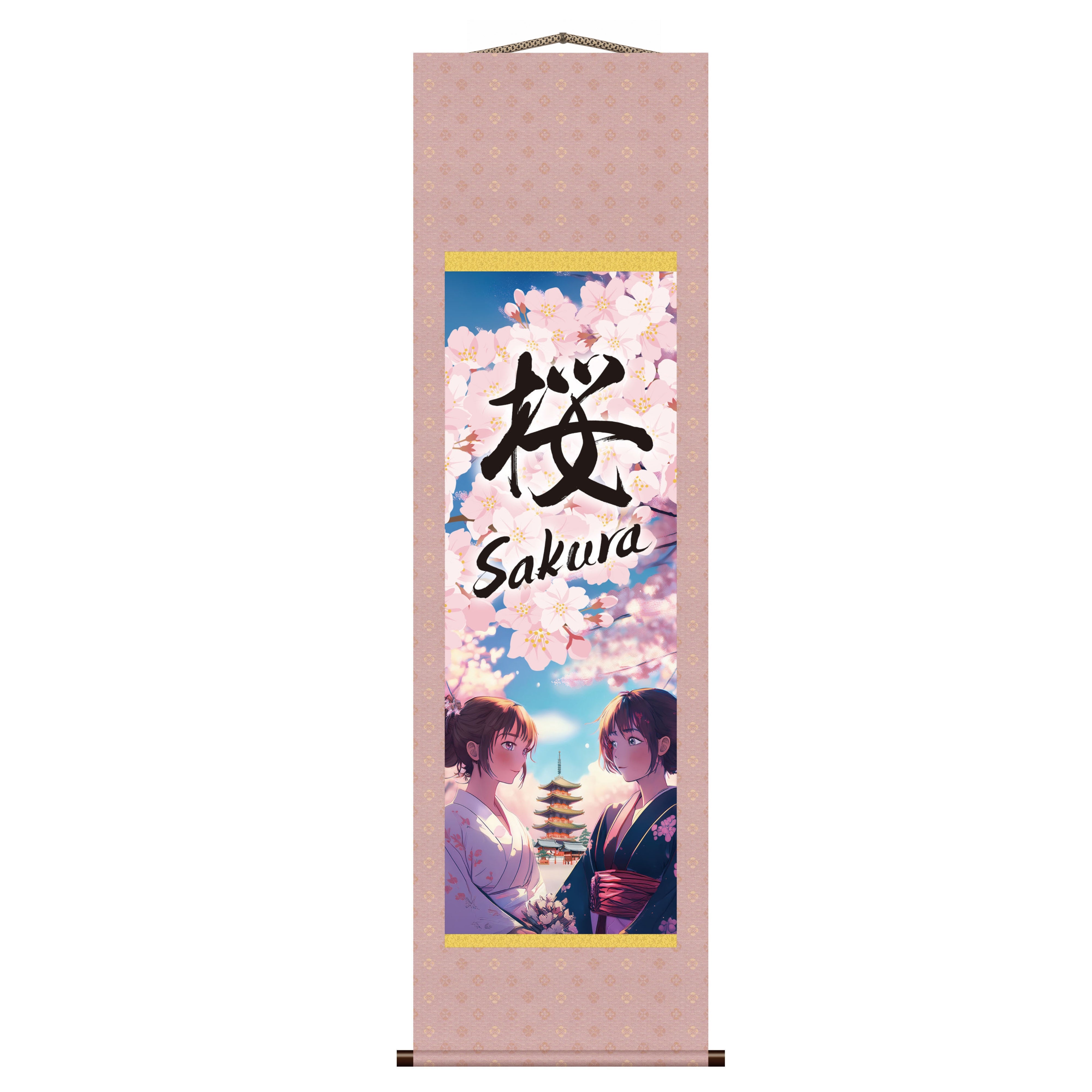 Japanischer Anime Sakura Kakemono Wandrolle – Kimono-Frauen mit Pagode 