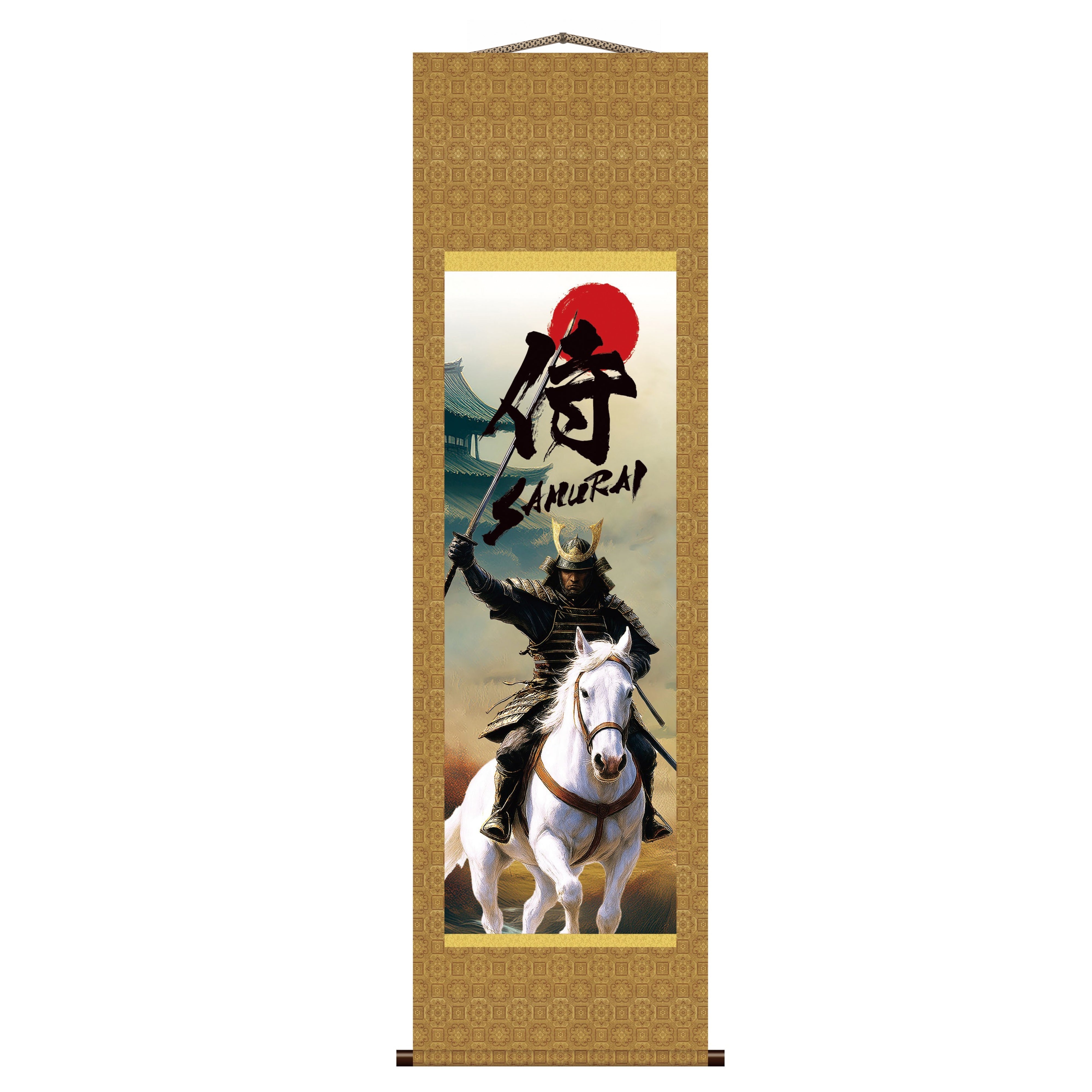 Kakemono mural samouraï japonais – Samouraï monté avec épée sur cheval blanc 