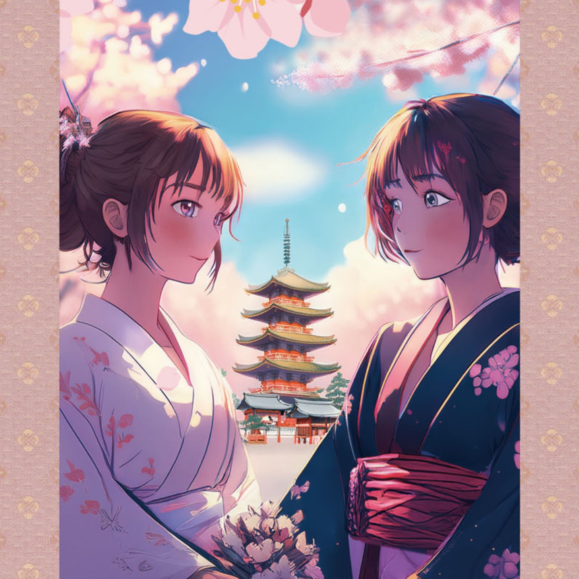 Japanischer Anime Sakura Kakemono Wandrolle – Kimono-Frauen mit Pagode 