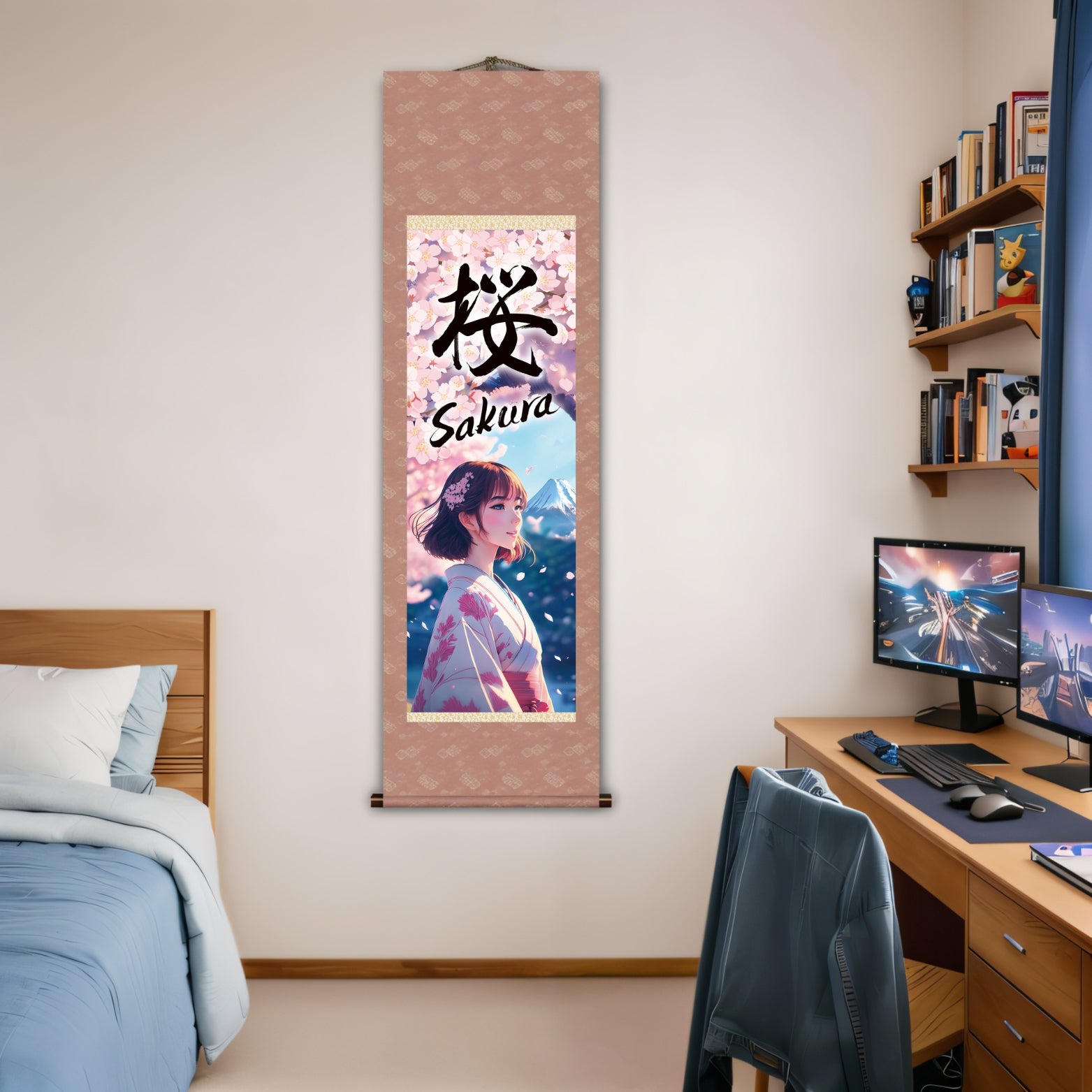 Papier peint mural Sakura Kakemono d'anime japonais – Femme en kimono avec le Mont Fuji 