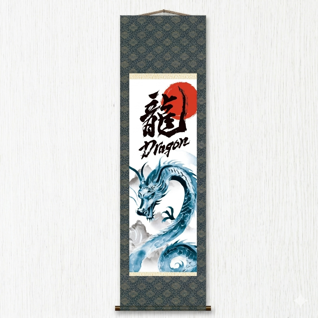 Japanese Dragon Kakemono Wall Scroll – Blue Rising Dragon