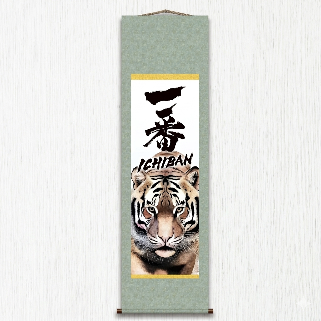 Japanese Ichiban Tiger Kakemono Wall Scroll – Powerful Tiger Portrait