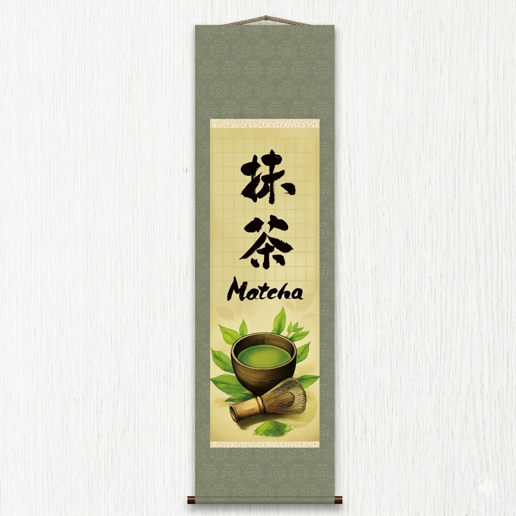 Japanese Matcha Kakemono Wall Scroll – Matcha Whisk and Tea Ceremony