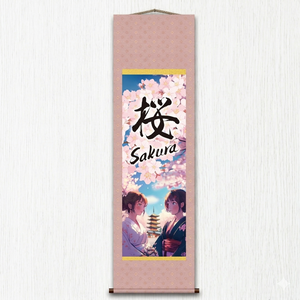 Japanese Anime Sakura Kakemono Wall Scroll – Kimono Women with Pagoda